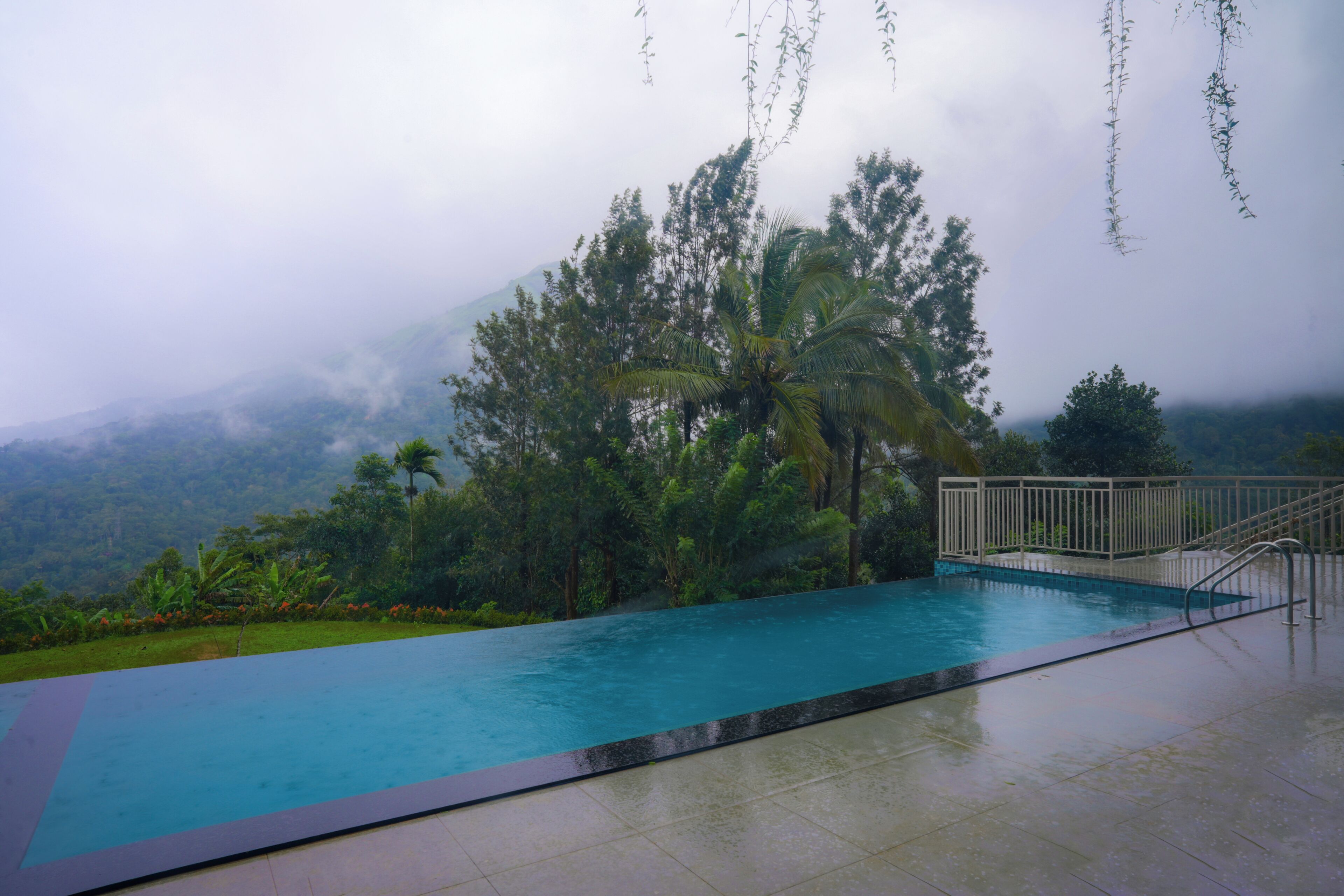 Una piscina con vistas a un paisaje montañoso y palmeras.