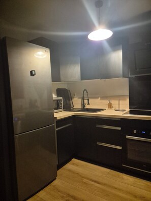 A modern kitchen with a refrigerator, microwave, sink, and oven. - An air-conditioned haven of peace, a 2-room apartment just a stone's throw from Paris (Choisy-le-Roi)