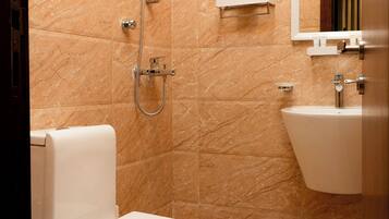 Hair dryer, towels, soap, shampoo