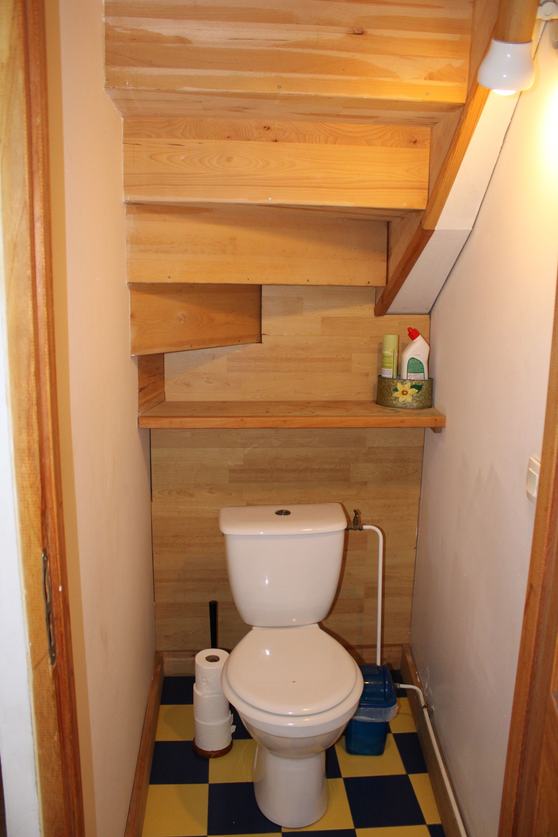 Ein kleines Badezimmer mit Toilette, Ablage für Kosmetika und einem karierten Boden.
