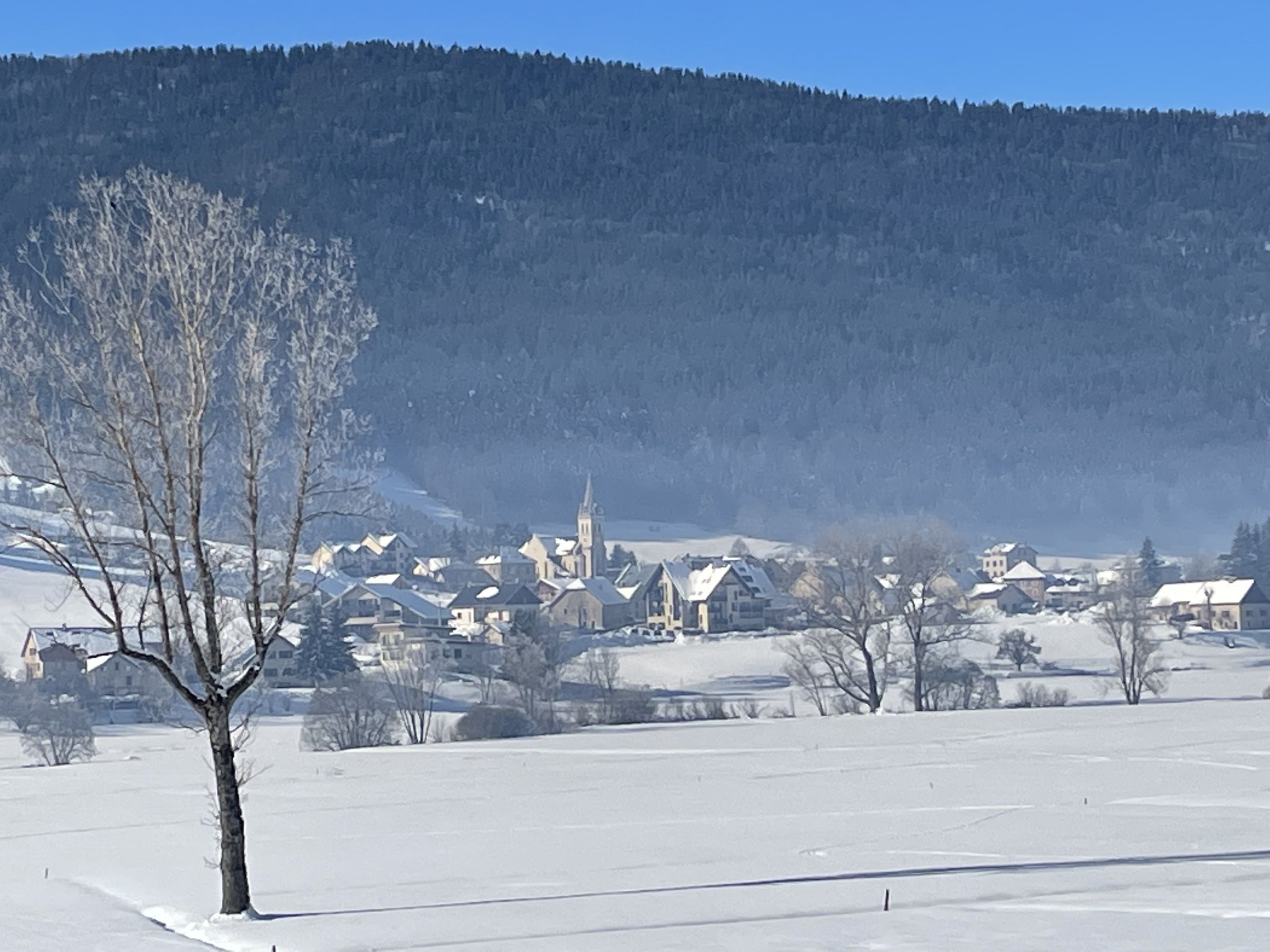 Paisaje nevado con un pueblo y una iglesia al fondo.