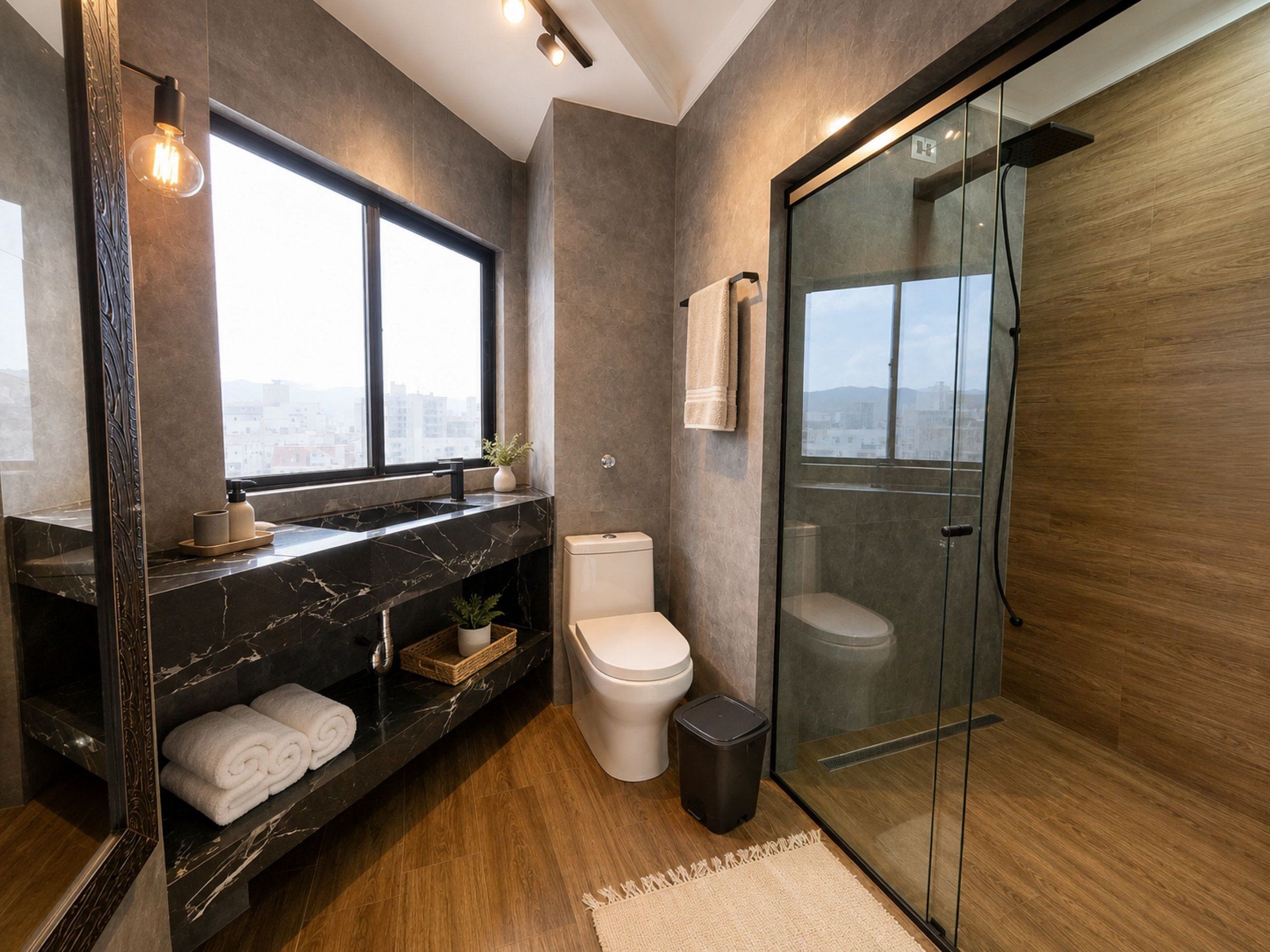 Ein modernes Badezimmer mit einer Duschkabine aus Glas, einem мраморный Waschbecken und einer Toilette.