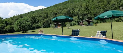 A swimming pool with lounge chairs and umbrellas, surrounded by a grassy area and a forested hill.