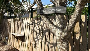 Ein Baum mit einem Schild, auf dem 'XAX COCOA' steht, und ein Holzzaun im Hintergrund.