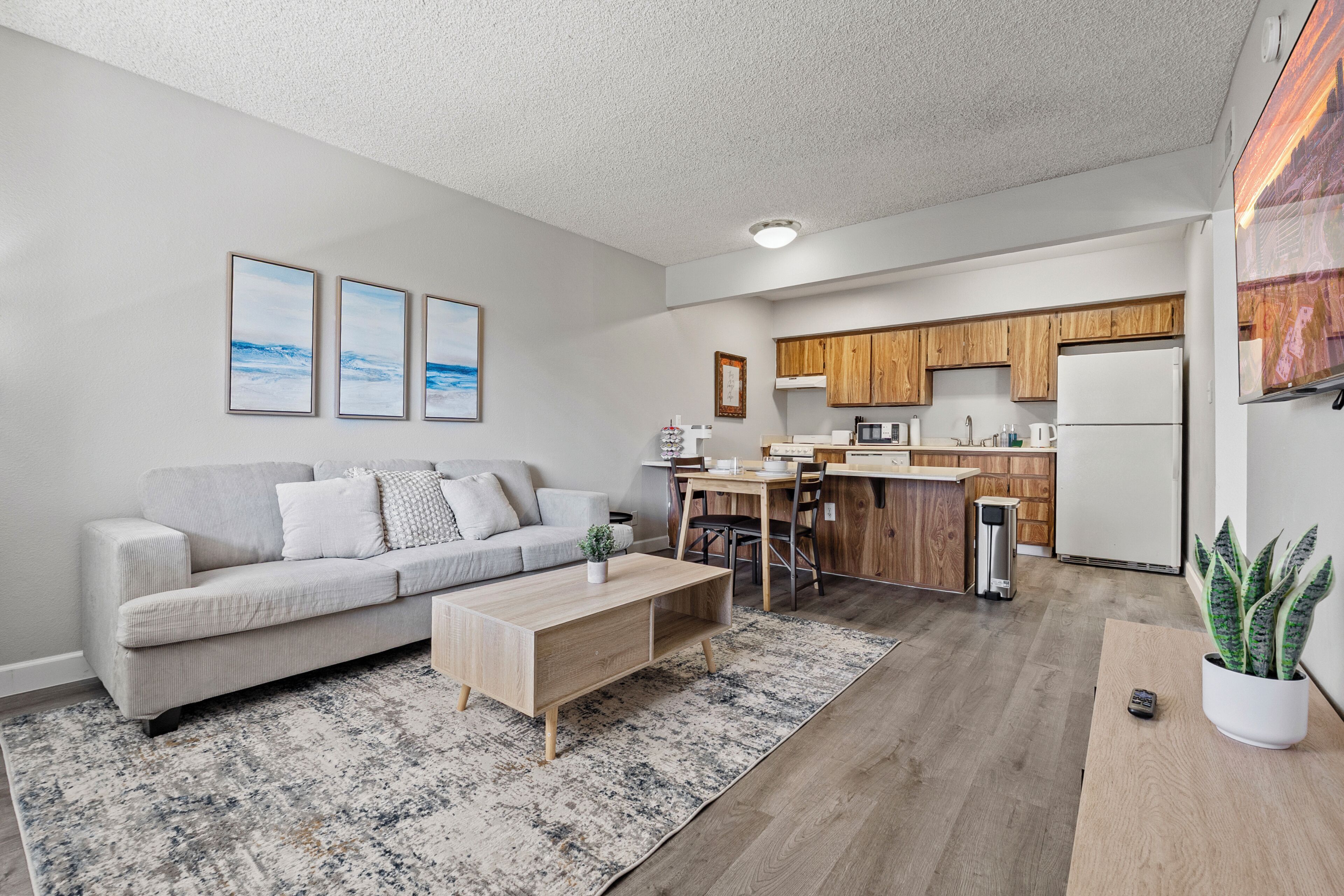 Un appartement moderne comprenant un salon, un coin repas et une cuisine.