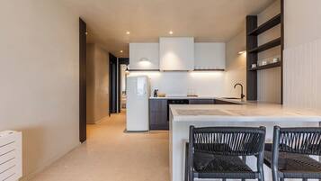 Fridge, oven, stovetop, cookware/dishes/utensils