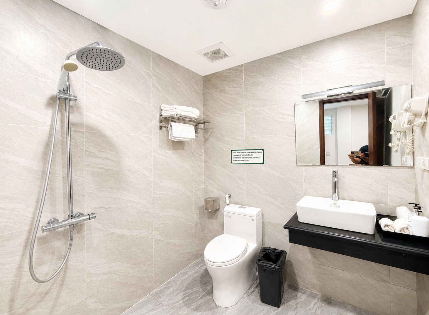 Shower, free toiletries, hair dryer, slippers