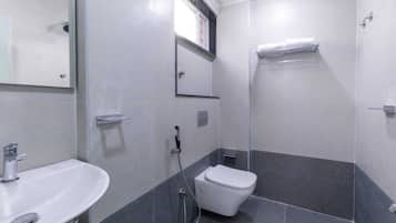 Douche, serviettes fournies, shampoing, papier toilette