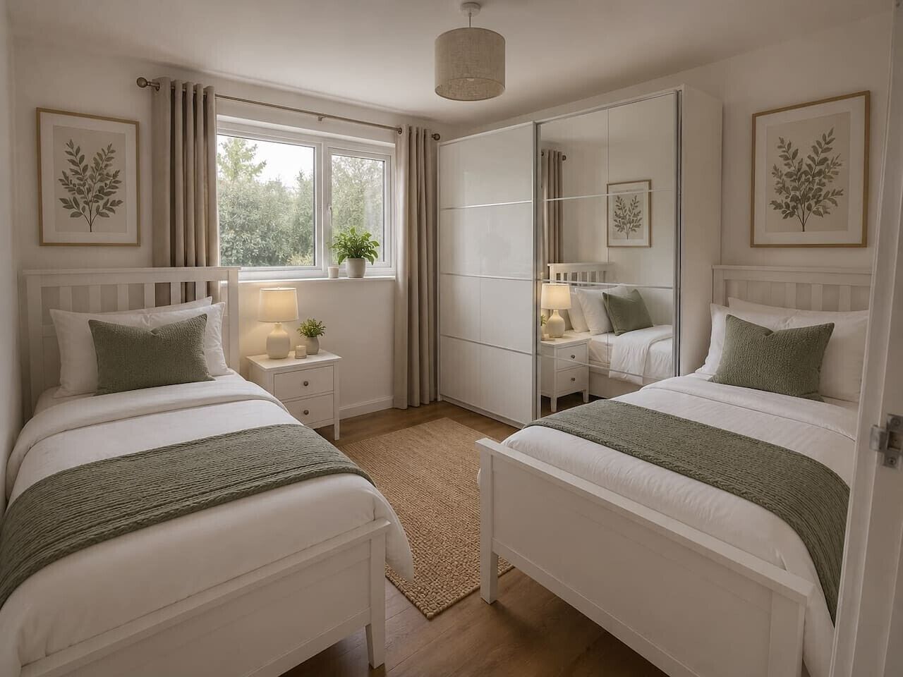 A bedroom with two beds, a window with curtains, a bedside table with a lamp, and a mirror.