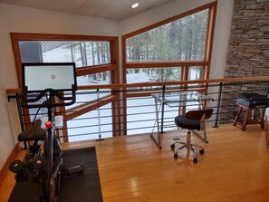 Une salle de sport à domicile équipée de matériel d’exercice, dotée de grandes fenêtres et offrant une vue sur un paysage enneigé.
