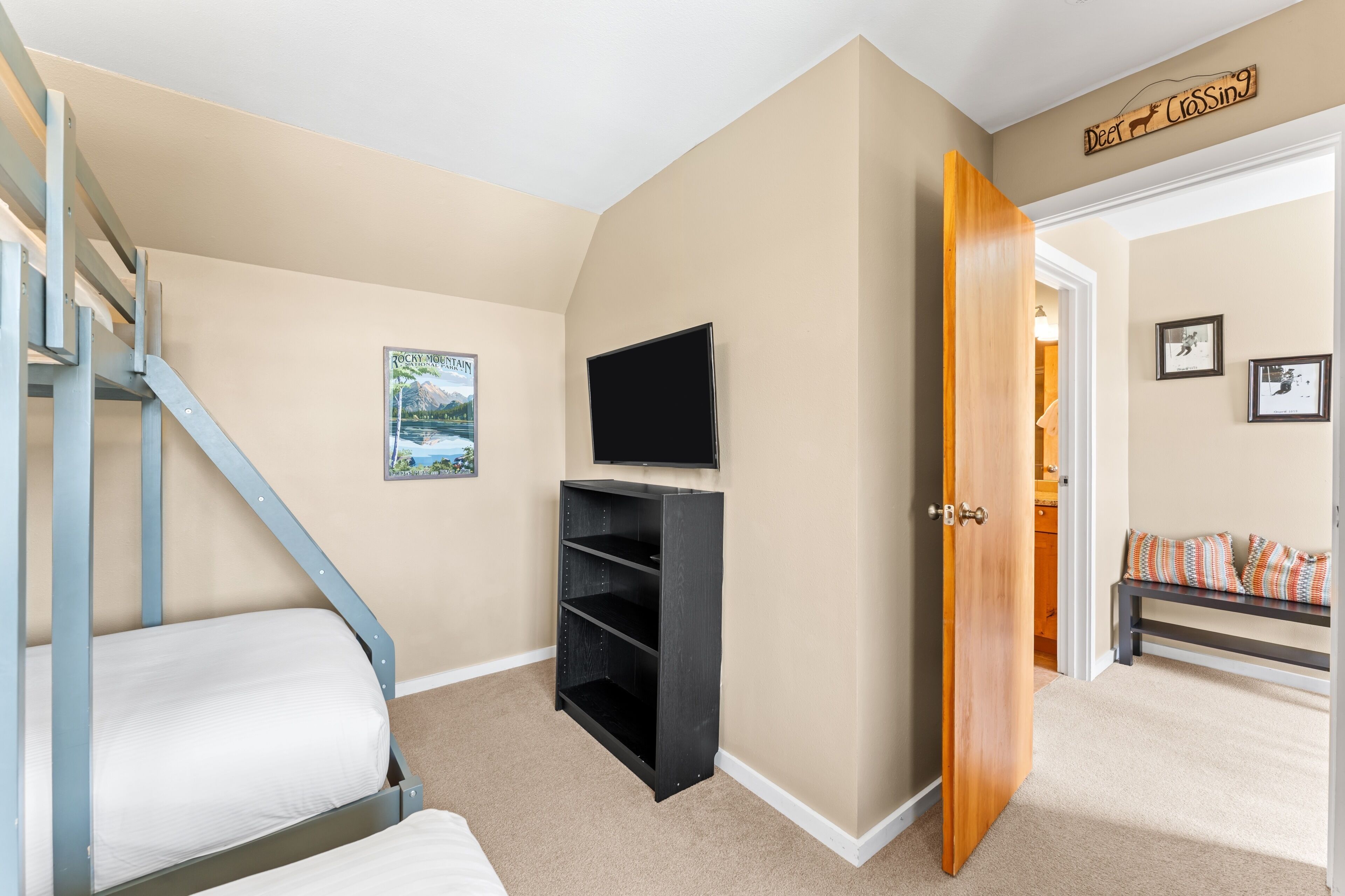 A bedroom with a bunk bed, a TV, a bookshelf, and a door leading to another room.