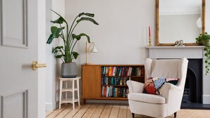 A room with a wooden floor, a bookshelf, a chair, a potted plant, a lamp, and a fireplace.