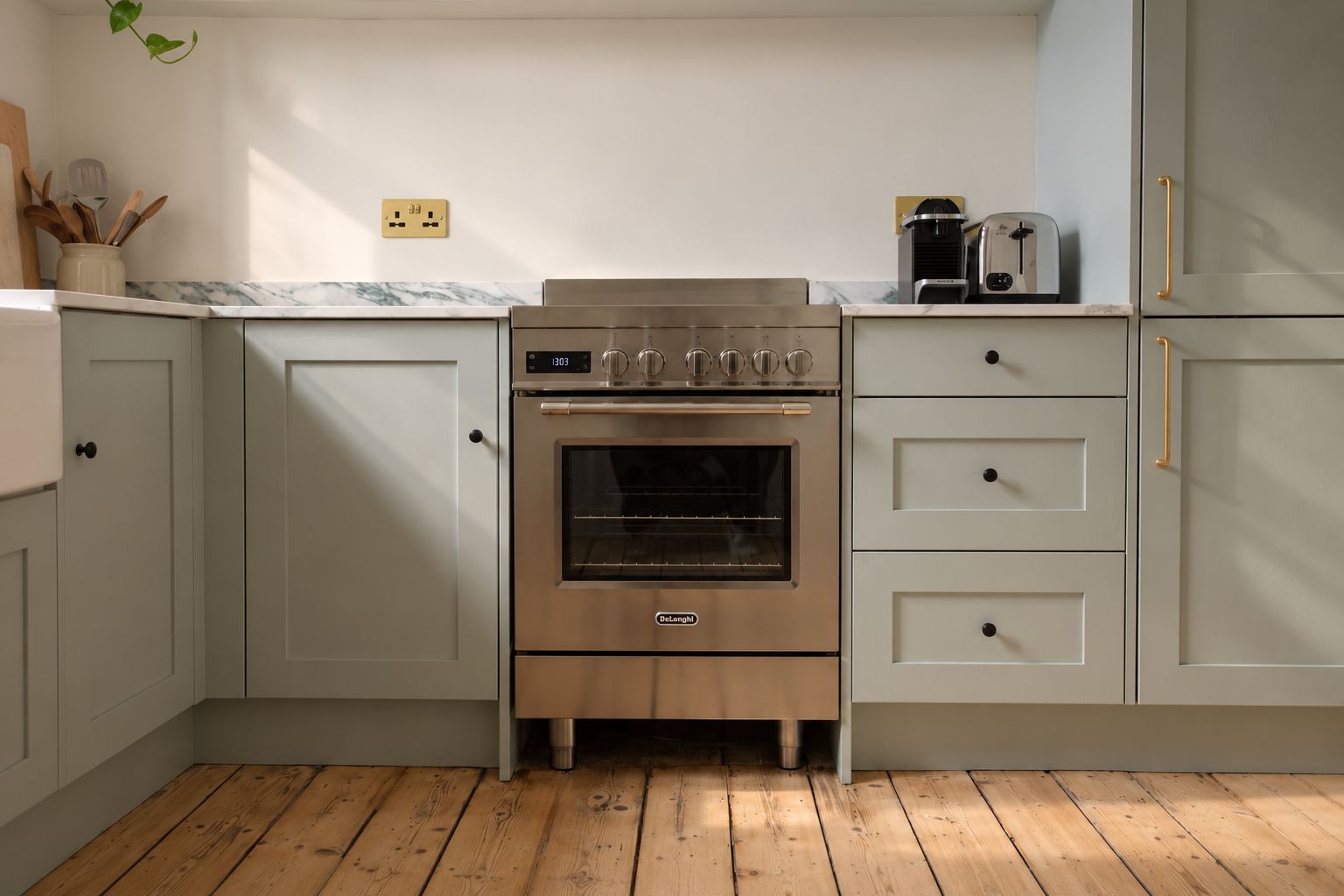 A kitchen with a stainless steel oven, a coffee maker, and a toaster on the countertop.