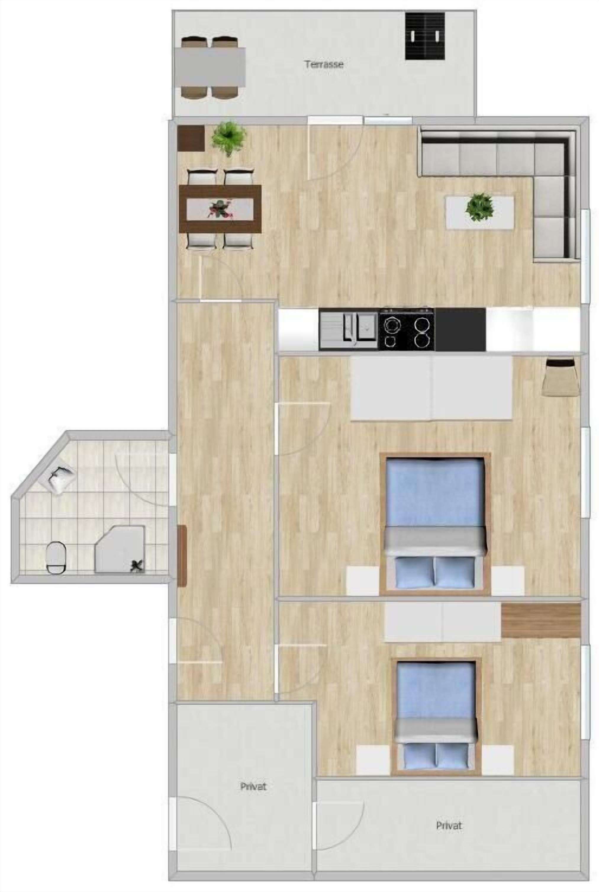 Ein Grundriss mit Küche, zwei Schlafzimmern, einem Badezimmer und einer Terrasse.