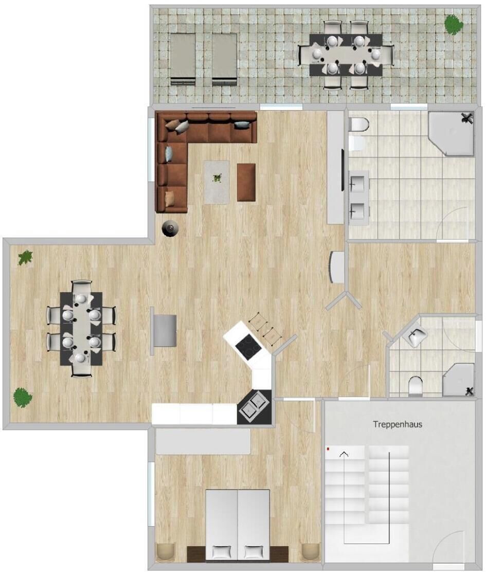 A hotel room layout with a dining area, a living room, a bathroom, and a kitchenette.
