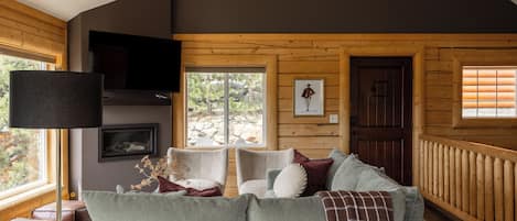 Smart TV, fireplace, books, stereo