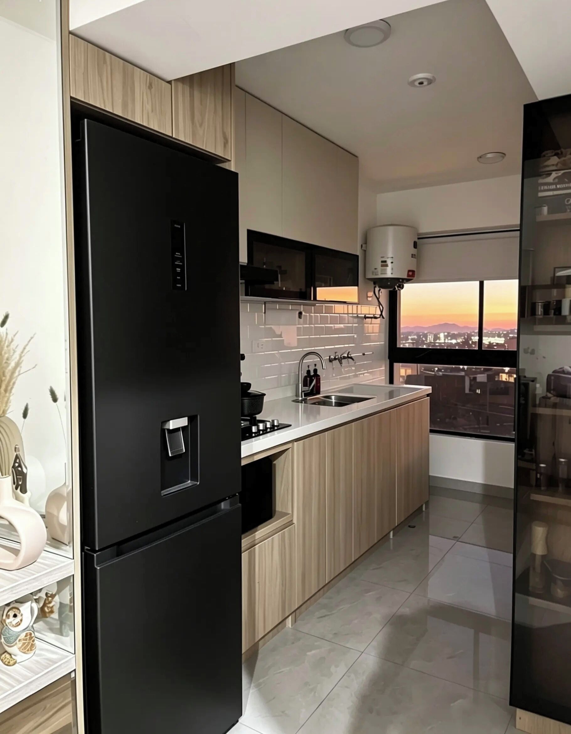 Una cocina moderna con refrigerador negro, armarios de madera, pileta de acero inoxidable y vista a la ciudad desde la ventana.