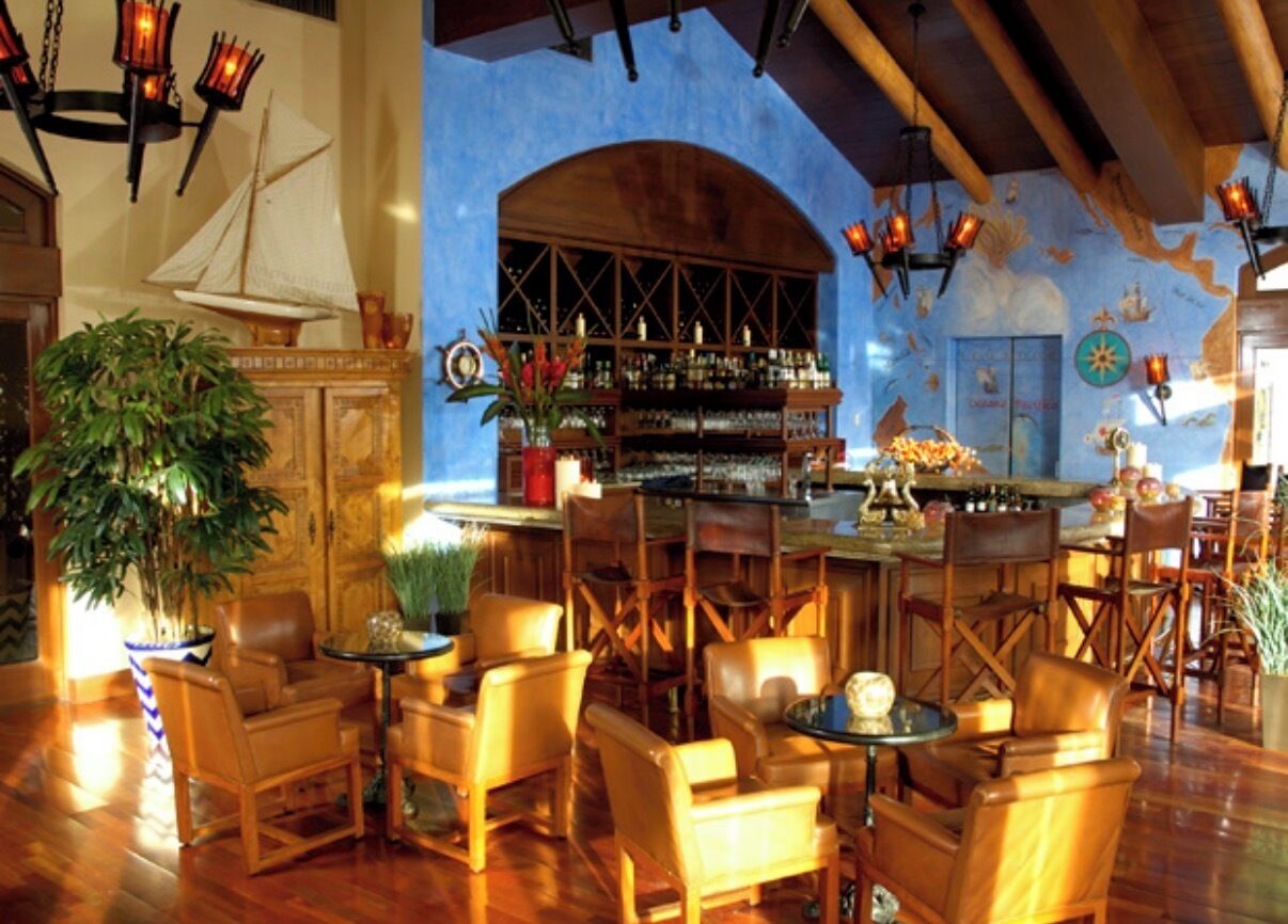 Eine Bar mit Holzkubaturen, einem großen Topfpflanzen und einer Theke voller Flaschen.