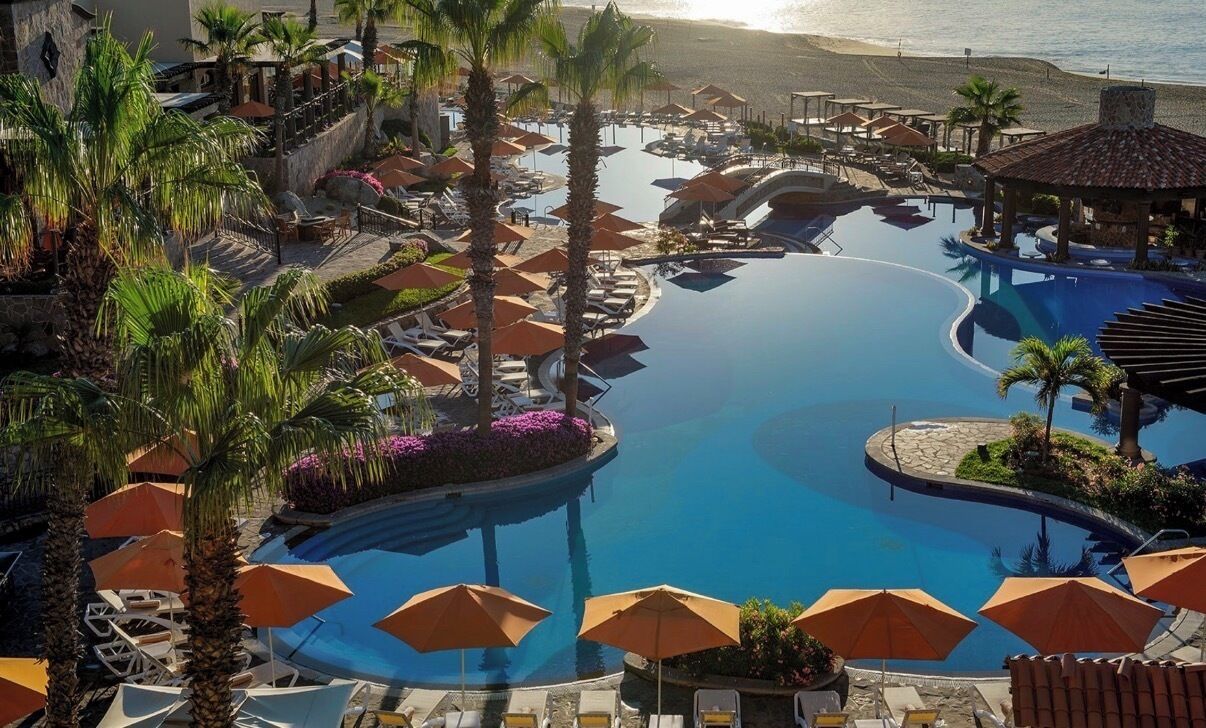 Un espace piscine aménagé dans un complexe hôtelier, avec des chaises longues, des parasols et des palmiers.