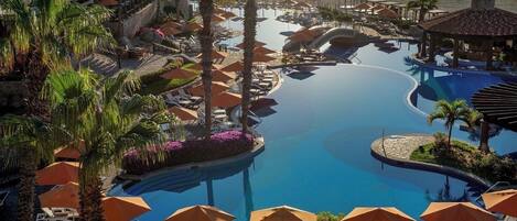 A resort pool area with lounge chairs, umbrellas, and palm trees.
