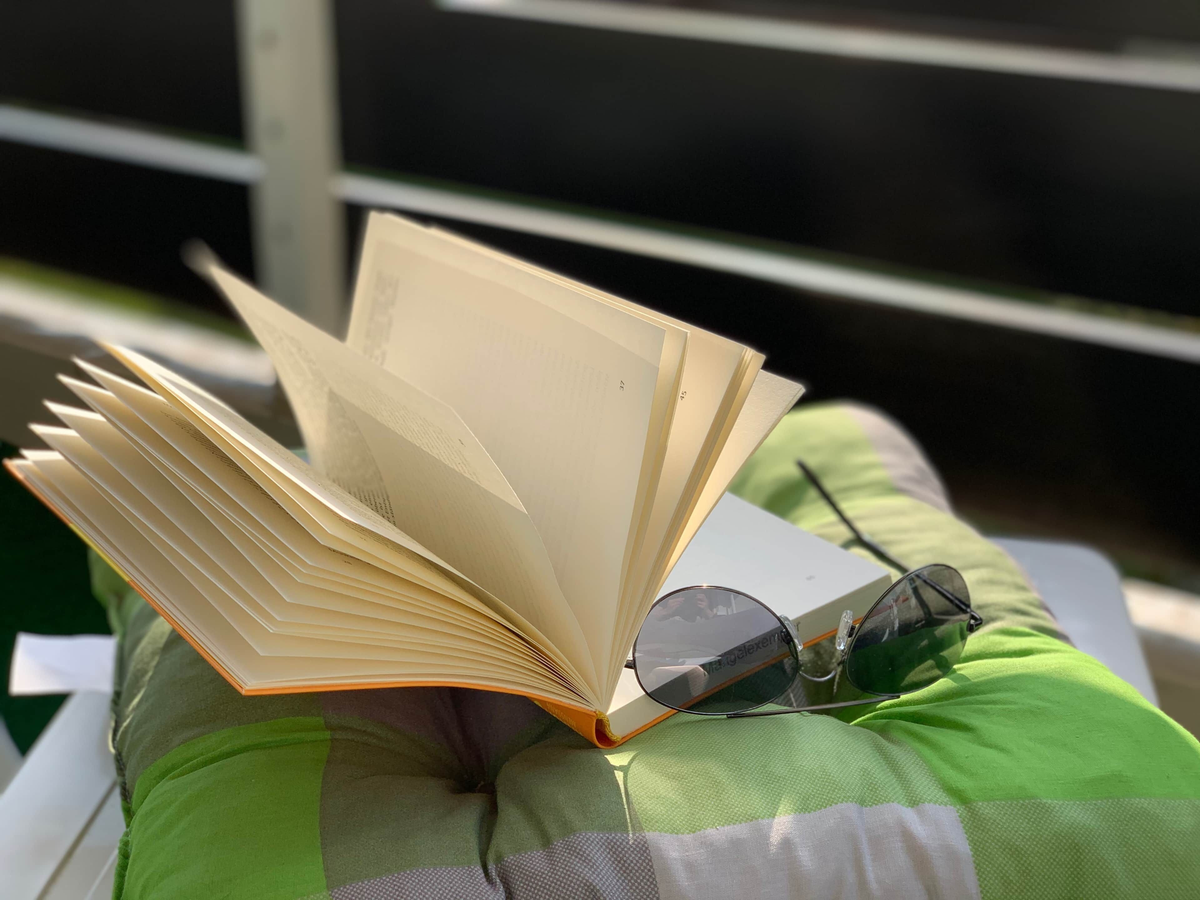 Um livro e óculos de sol sobre um almofada verde.