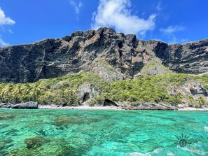 A coastal landscape with clear turquoise waters, rocky cliffs, and dense vegetation.
