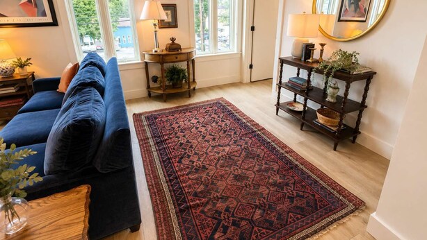 Ein Wohnzimmer mit einem blauen Sofa, einem gemusterten Teppich, einem runden Spiegel und einem Holztischchen.