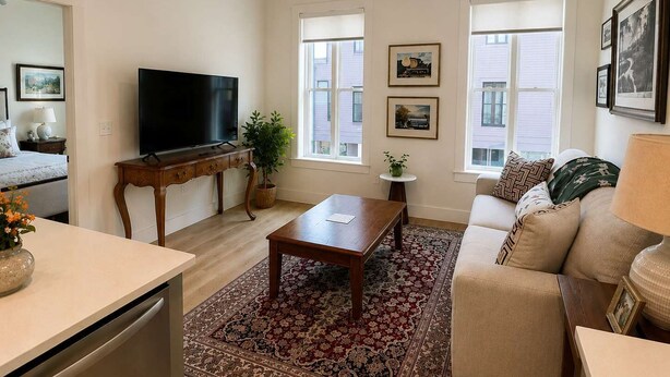 A living room with a flat-screen TV, a coffee table, a sofa, a dining table, and a ceiling fan. - The Jardin Lily Suite | Near Downtown (Savannah)