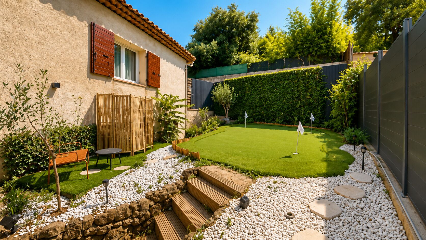 Ein Garten mit Rasen, einer Holzbank, einem kleinen Tisch und einer Steinmauer.