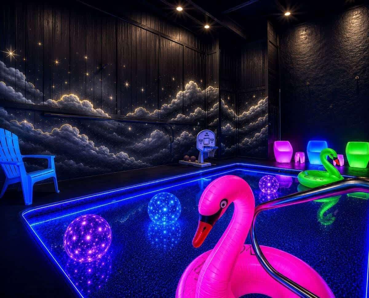 A room with a basketball hoop, neon-lit furniture, and a large pink flamingo decoration.