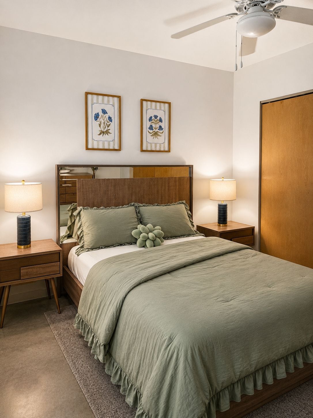 A bedroom with a bed, two bedside lamps, a ceiling fan, a wooden wardrobe, and two framed floral artworks on the wall.