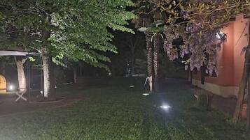 Área externa iluminada à noite, com gramado, árvores e uma estrutura com luzes.