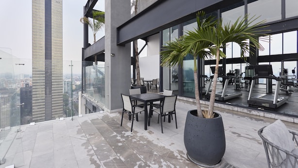 Una terraza en la azotea con una mesa y sillas, una planta grande en maceta y equipo de ejercicio.