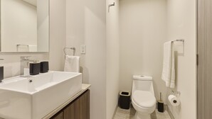 Un baño moderno con un lavabo blanco grande, un inodoro y una zona de ducha.