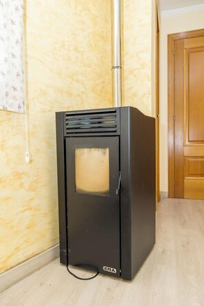 Una estufa de leña negra con chimenea visible, ubicada frente a una pared con una puerta de madera al fondo.