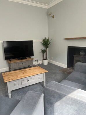 A living room with a flat-screen TV, a wooden coffee table, grey sofas, a white cabinet, a potted plant, and a fireplace. -  Our Salad Days Lochgilphead in Lochgilphead town offers a spacious holiday home (Lochgilphead)