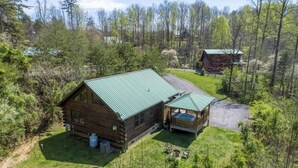 A log cabin with a green metal roof, a hot tub, and a fenced yard. - Lazy Log Cabin at Raccoon Retreat (Whittier)