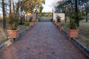 A paved pathway leading to a gated entrance, flanked by potted plants and trees. - Ojong's Self-Catering Midrand (Midrand)