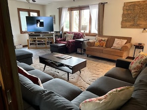 TV, fireplace, books