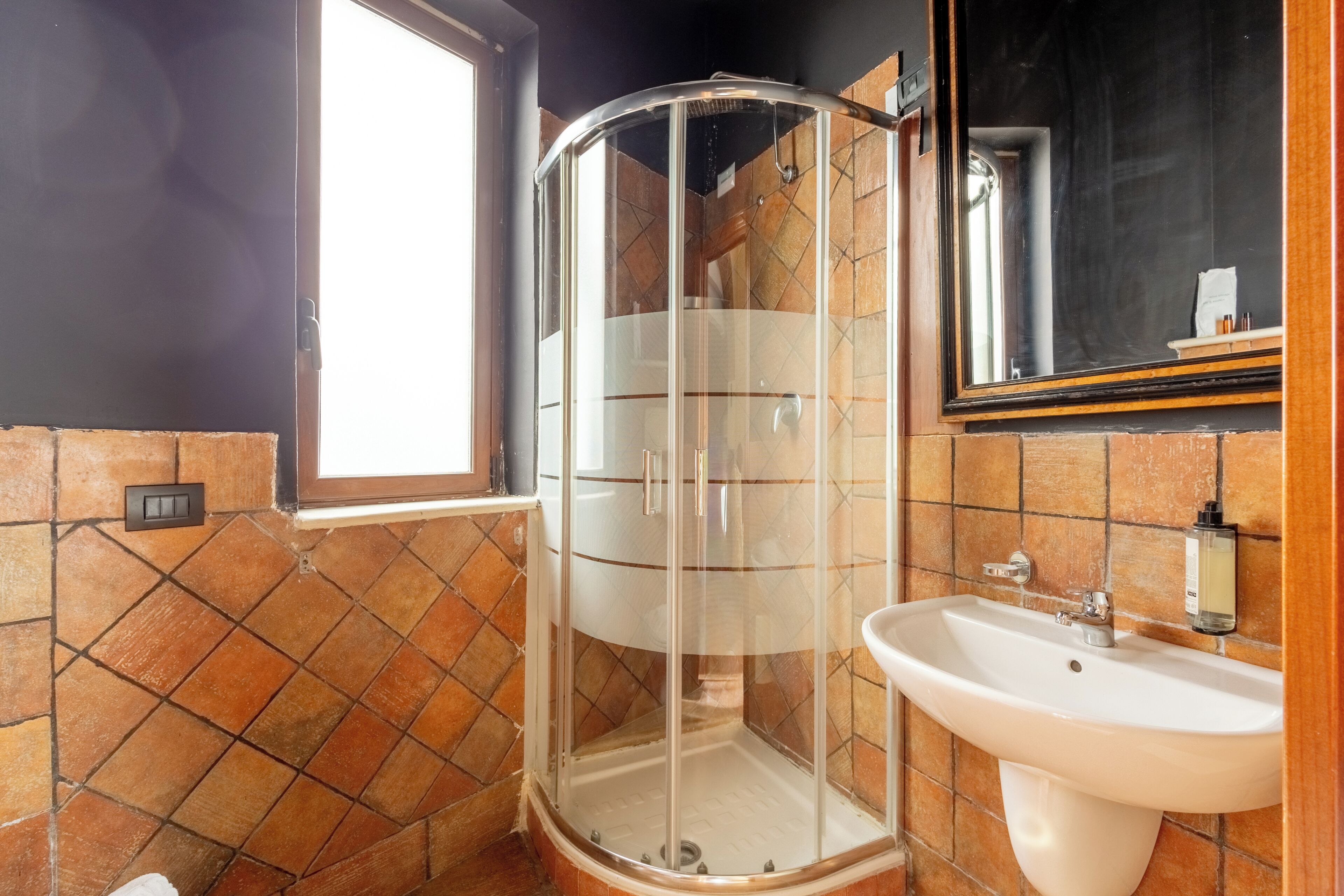 Een badkamer met een douchecabine, een wastafel en een raam.