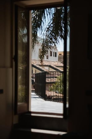 A view through a window with a metal gate and a palm tree outside.