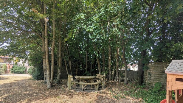 Un tavolo da picnic in legno circondato da alberi in un giardino.