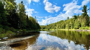 A river surrounded by dense forest and clear blue sky. - Junction 19 & Co - Upper Site #2 - Full Service RV / Tent Camping Site (Fort Kent)