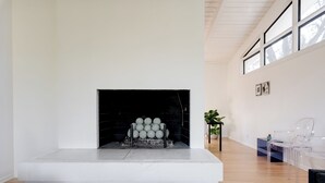 Ein modernes Wohnzimmer mit Kamin, einer Sitzecke mit transparenten Stühlen und einer Topfpflanze.