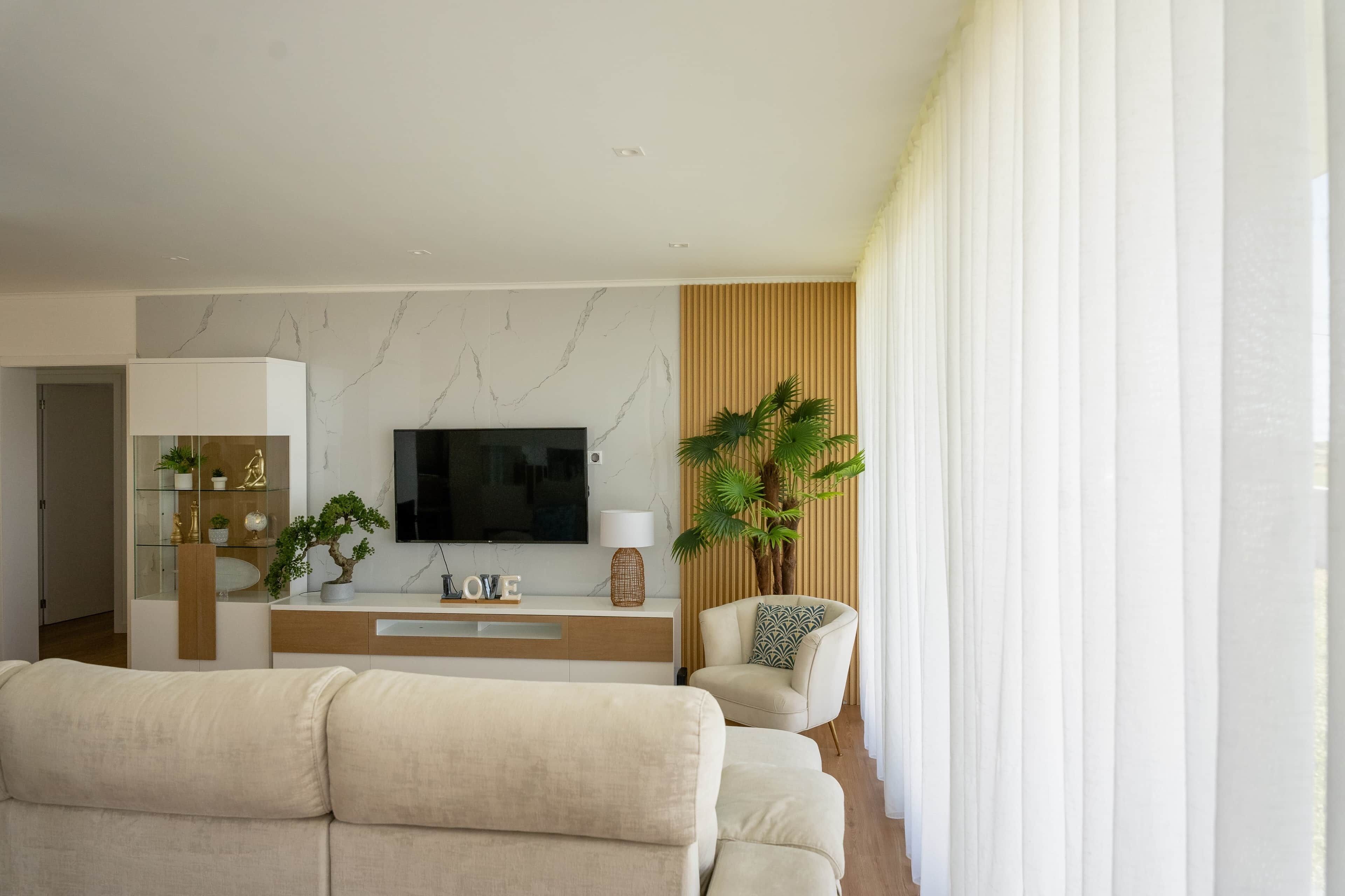 A modern living room with a flat-screen TV, a sofa, a coffee table, and a potted plant.