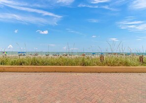 Ein Strand mit gepflastertem Weg, Strandbäder und einer Rasenfläche mit Warnschildern.