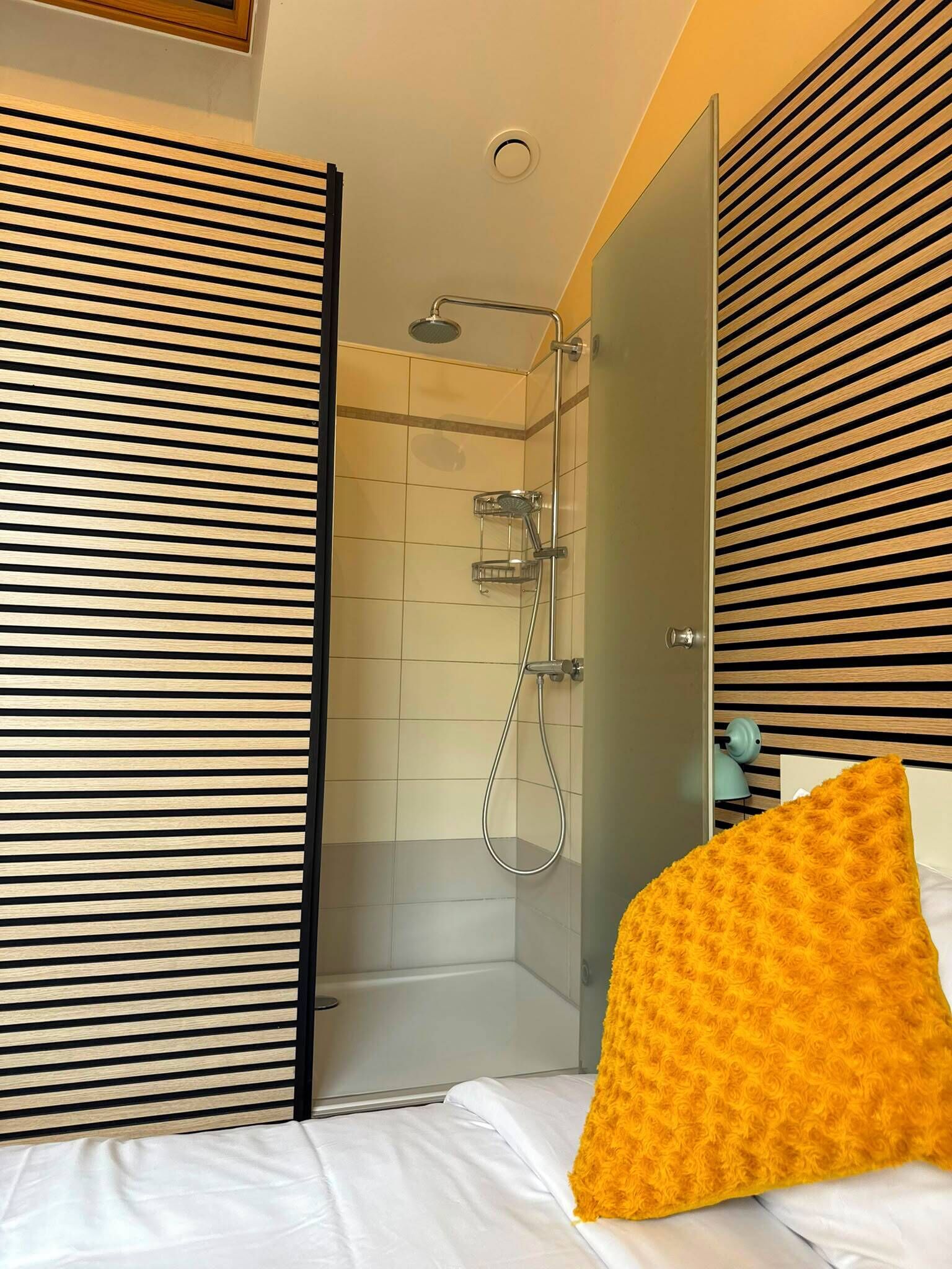 Een moderne badkamer met een douche, een glazen deur en een bed met een zacht kussen.