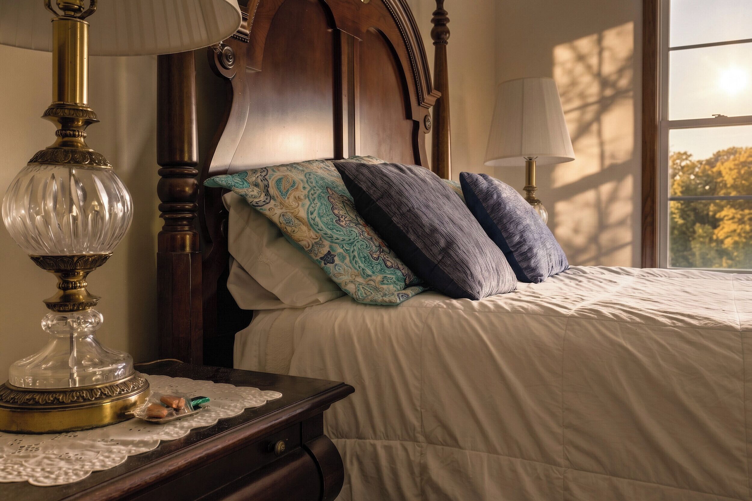 A bedroom with a wooden bed, a nightstand with a lamp, and a window with a view of trees.