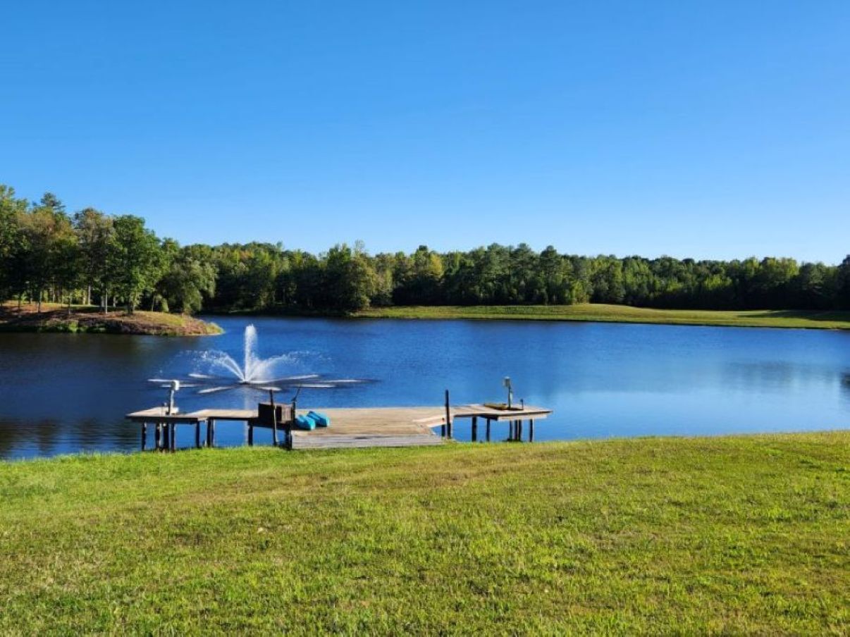 Un lac paisible, avec une jetée en bois et une fontaine, entouré d’une végétation luxuriante.