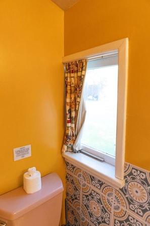 A bathroom with a toilet, a roll of toilet paper, and a window with patterned curtains.